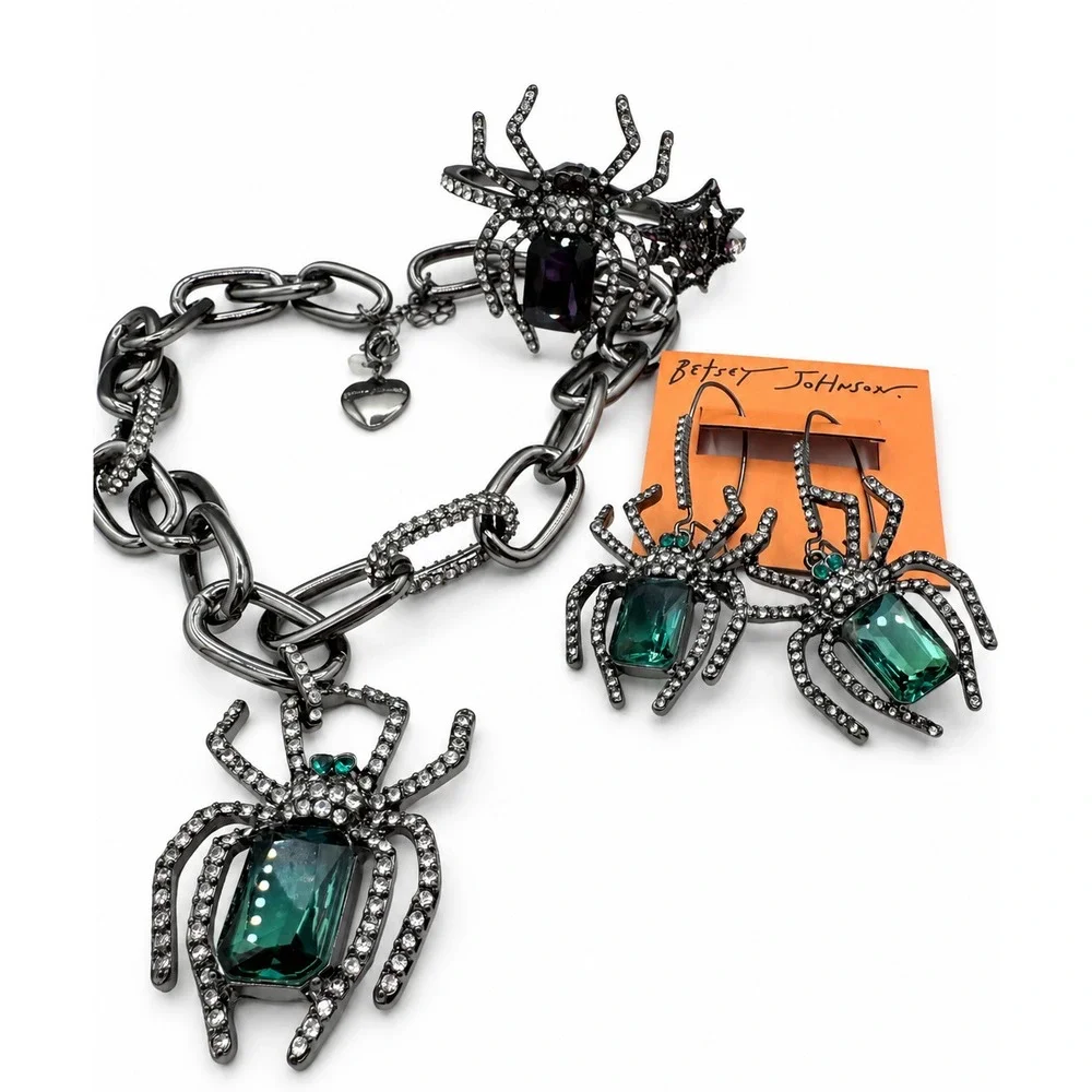 Betsey Johnson Rich Witch Spider Jewelry Set Gothic Green Purple Crystal